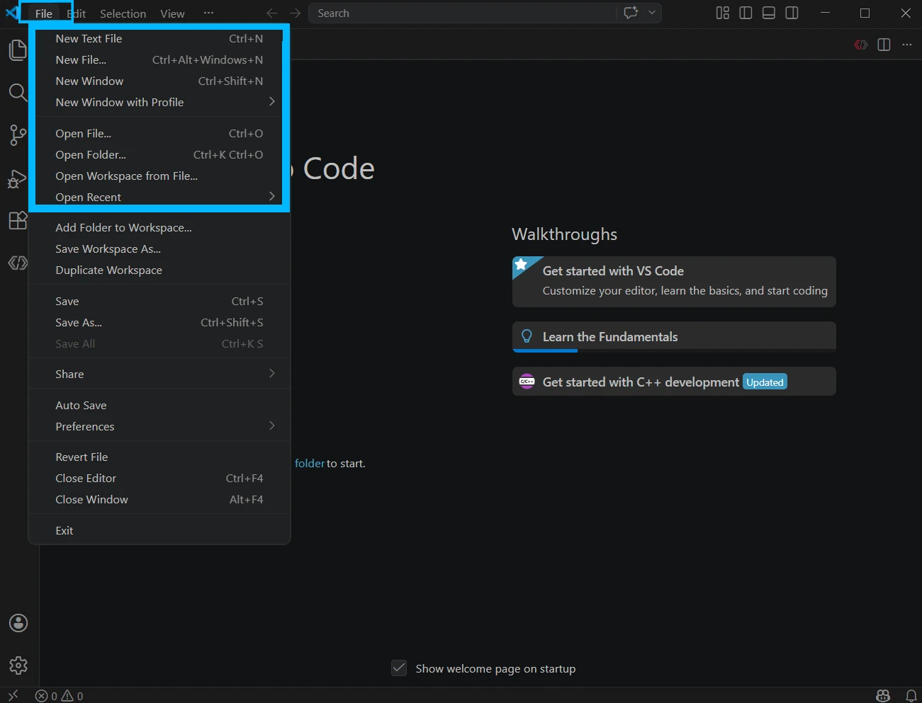 VS Code welcome page with the file dropdown shown
