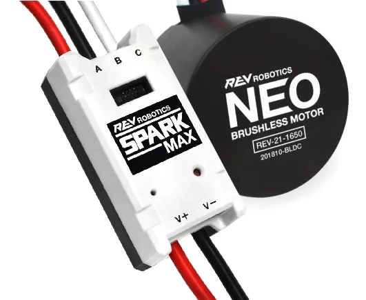 A photo of a SPARKMax in front of a NEO Motor. Photo Credit: REV